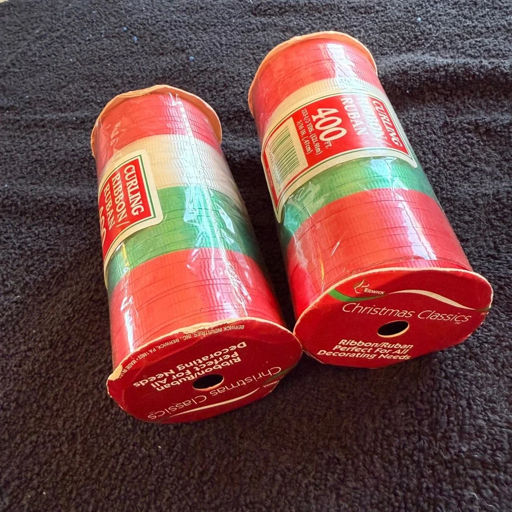 Vtg Berwick Christmas Classics‎ Curling Ribbon Red White Green 400 Ft Set of 2